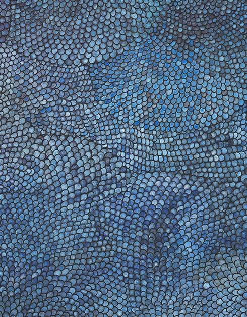 Giclée print on canvas of Seth B. Minkin’s Cobalt Scales. Intricate scales fan outward with metallic pigments, offering organic rhythm and geometric harmony, suitable for vertical or horizontal display.